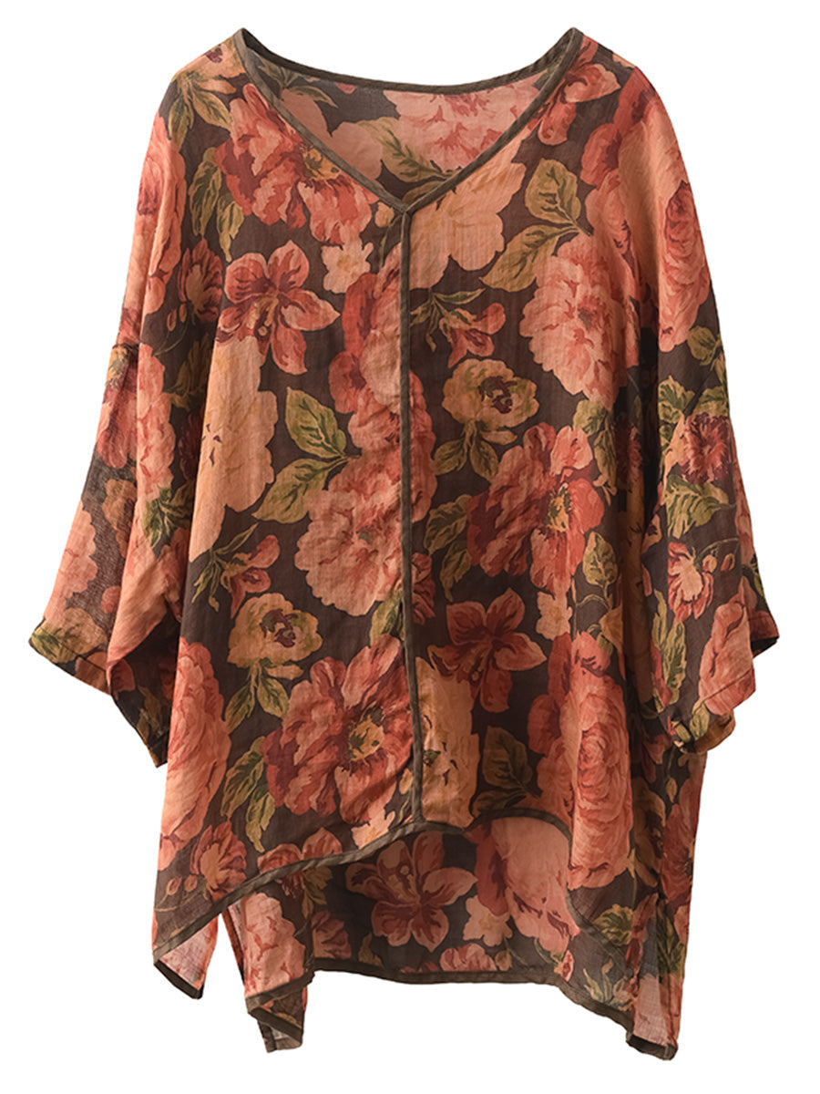 Women Vintage Floral V-Neck Linen Summer Shirt XX1014 Ada Fashion