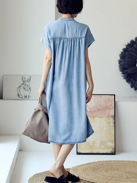 Plus Size Women Summer Casual Solid Blue Denim Dress HH030 MLXY