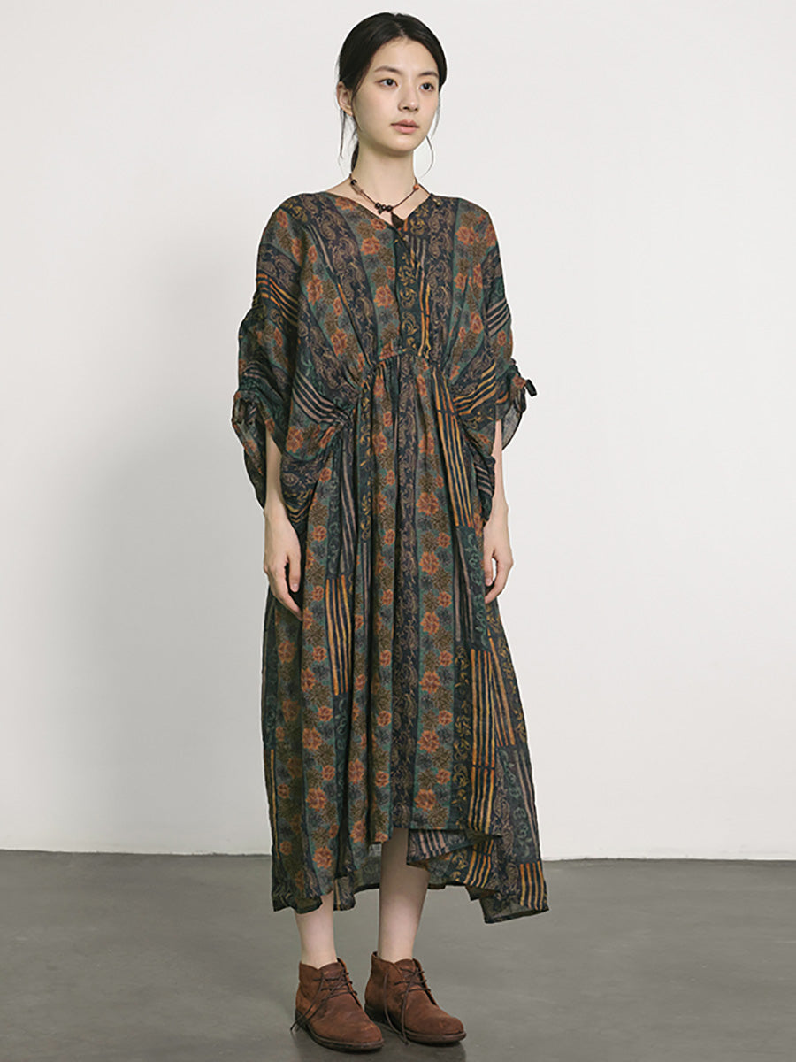 Plus Size Women Summer Artsy Print V-Neck Ramie Dress LL054 BUYKUD