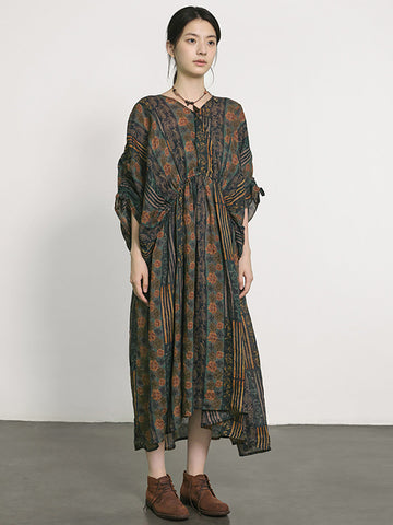 Plus Size Women Summer Artsy Print V-Neck Ramie Dress LL054 BUYKUD