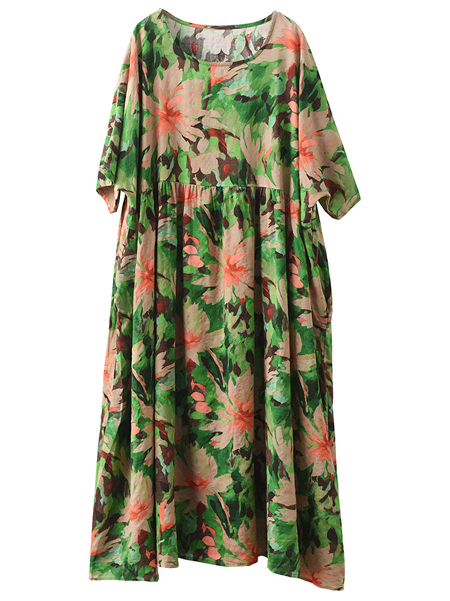 Women Summer Vintage Flower Linen Loose Dress FD043 QJH