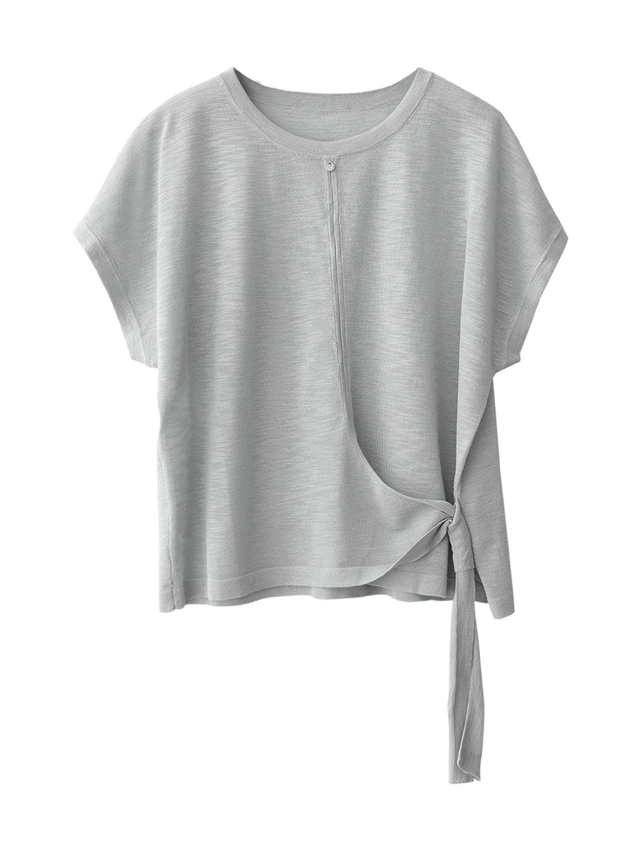 Women Summer Artsy Strap O-Neck Solid Shirt CX005 BUYKUD