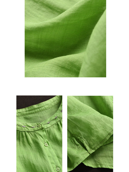 Women Summer O-Neck Embroidery Button-up Ramie Shirt PP1035 BUYKUD