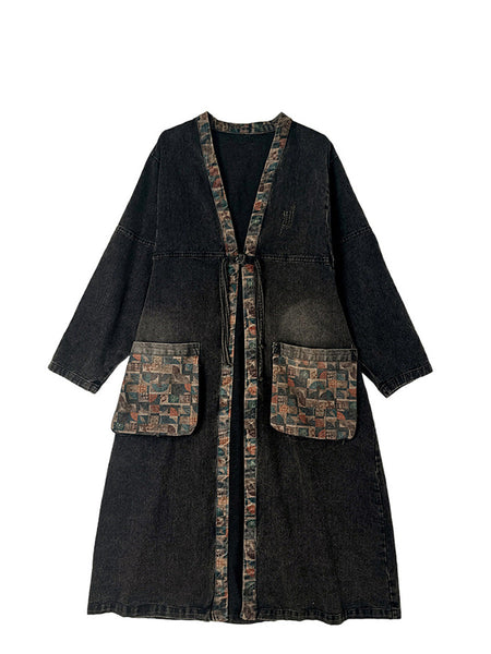 Women Autumn Worn Patch Colorblock Denim Coat AH1067 BK