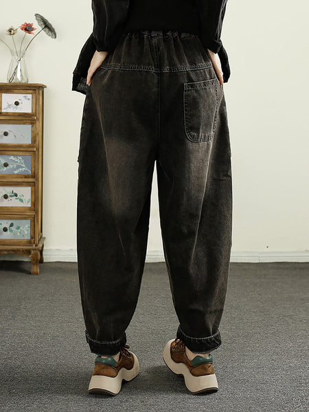 Women Autumn Patch Spliced Washed Denim Harem Pants AI1052 BUYKUD