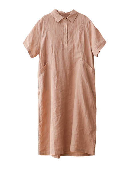 Women Summer Casual Solid Polo Collar 100%Ramie Dress CX056 ZMMM