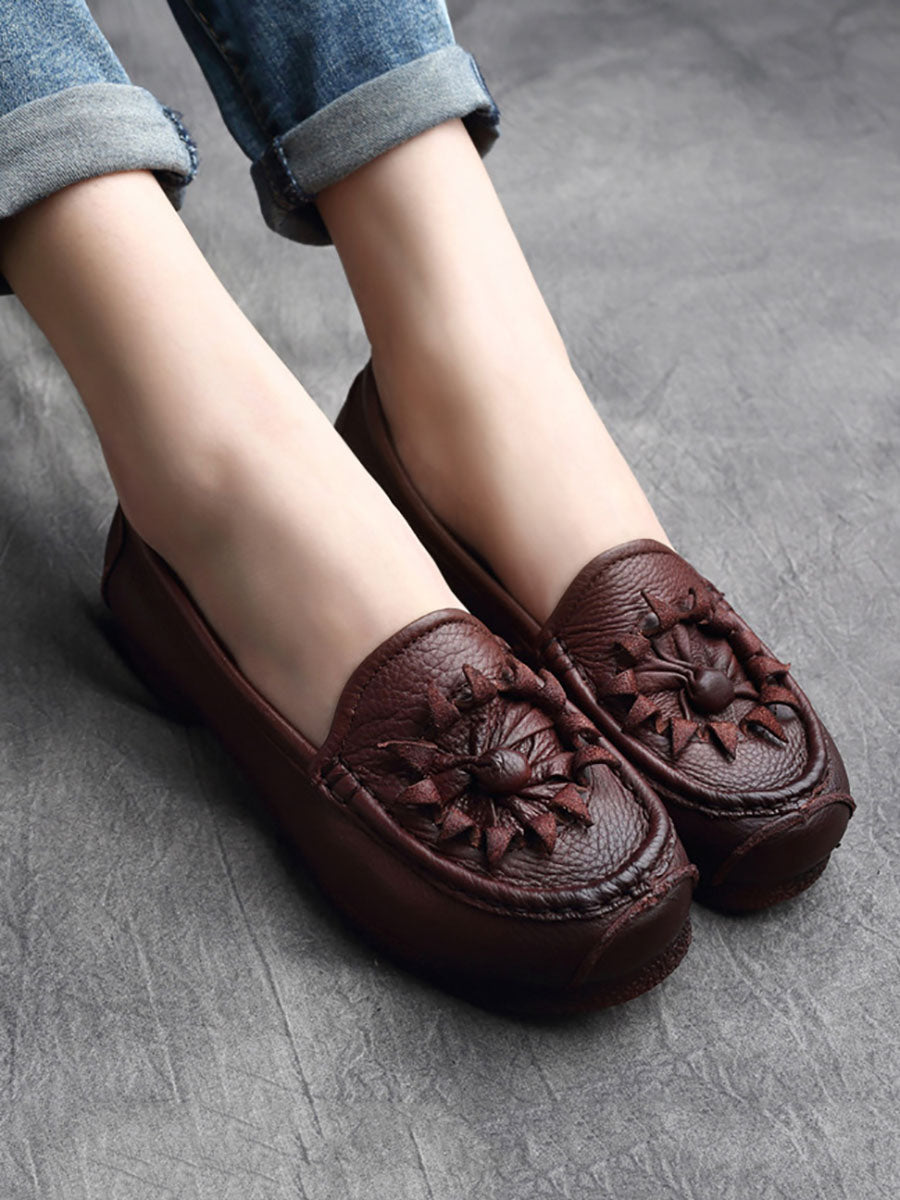 Women Vintage Flower Genuine Leather Low Heel Shoes AS1005 RXMY