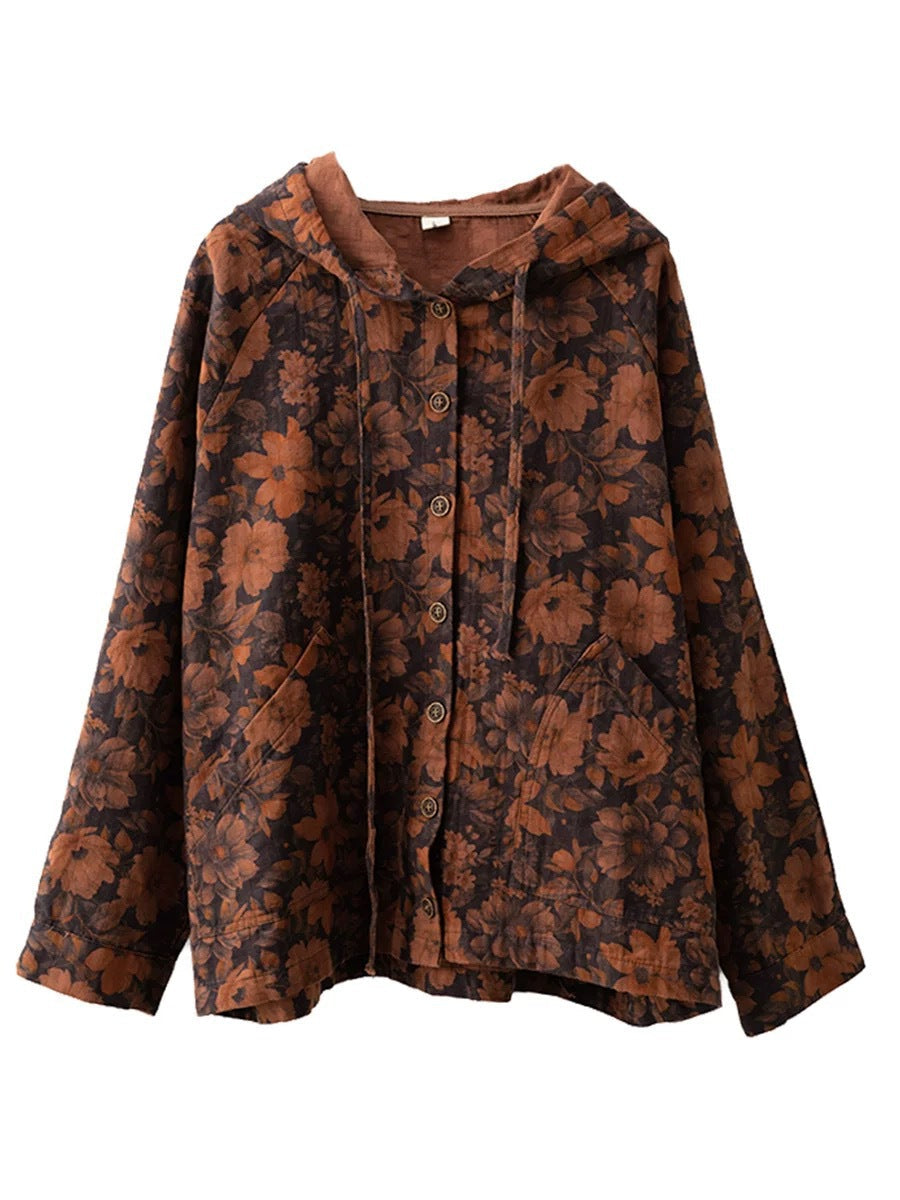 Women Vintage Autumn Flower Button Cotton Linen Hooded Coat AH1013 ZMMM