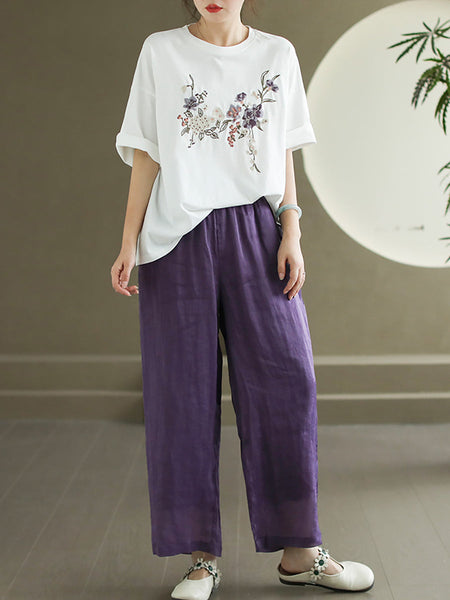 Women Summer Flower Embroidery Cotton O-Neck Shirt AS1007 Ada Fashion