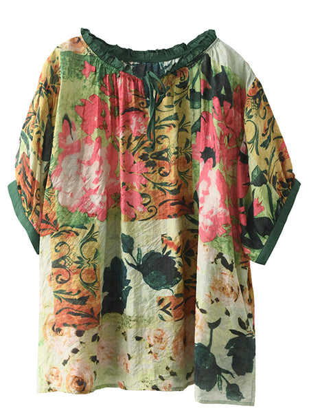 Women Summer Artsy Print Strap Loose Linen Shirt HH046 JLFZ