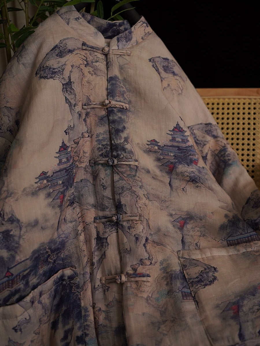 Women Autumn Vintage Print Button Stand Collar Ramie Coat AT1053 BUYKUD
