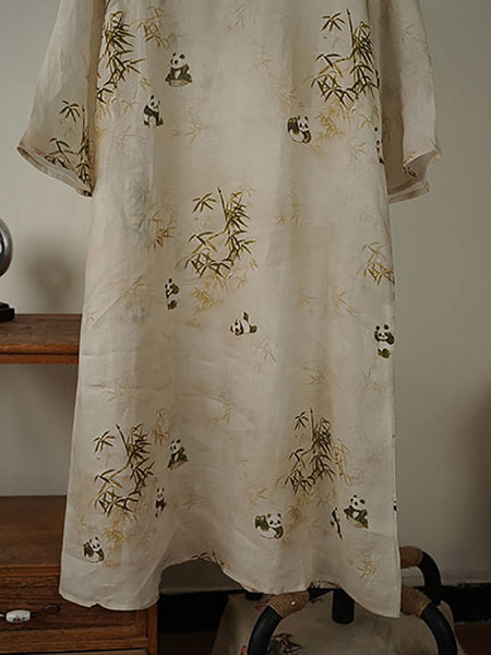 Women Ethnic Summer Bamboo Panda Print Linen Dress XX1055 Ada Fashion