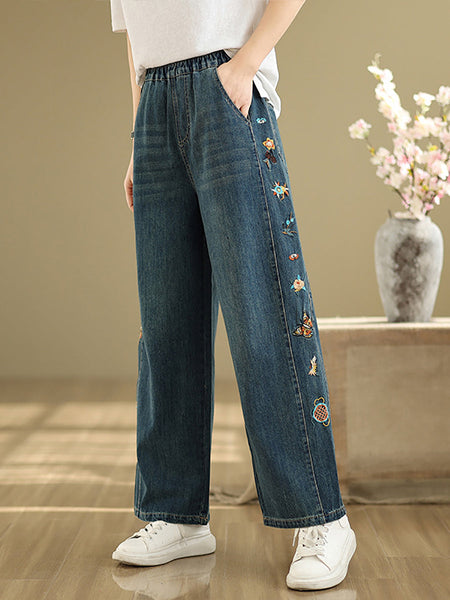 Pants Embroidery Women Wide-leg Retro Denim FashionChic