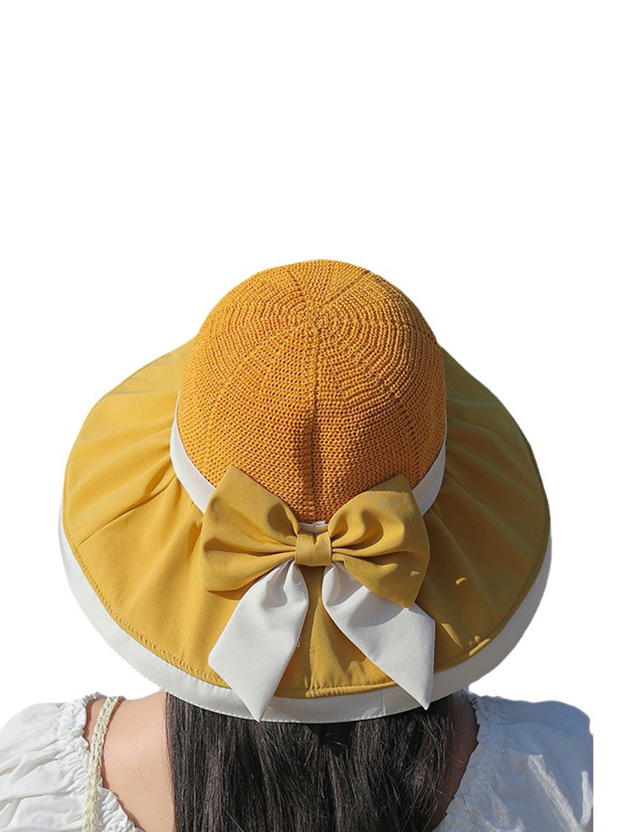 Women Summer Colorblock Large Brim Bowknot Hat WE1003 Ada Fashion