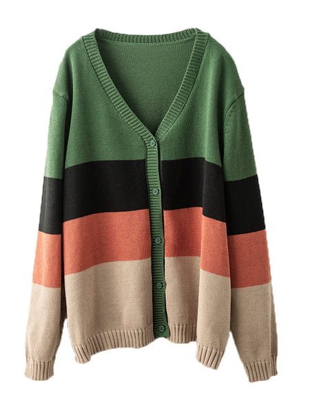 Women Autumn Colorblock V-Neck Knit Sweater AS1012 BUYKUD