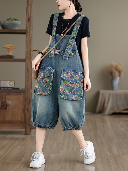 Women Summer Retro Flower Spliced Denim Jumpsuits ZZ1021 Ada Fashion
