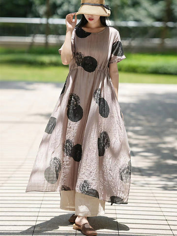 Plus Size Women Artsy Dot 100%Ramie Loose Dress SC1063 Ada Fashion