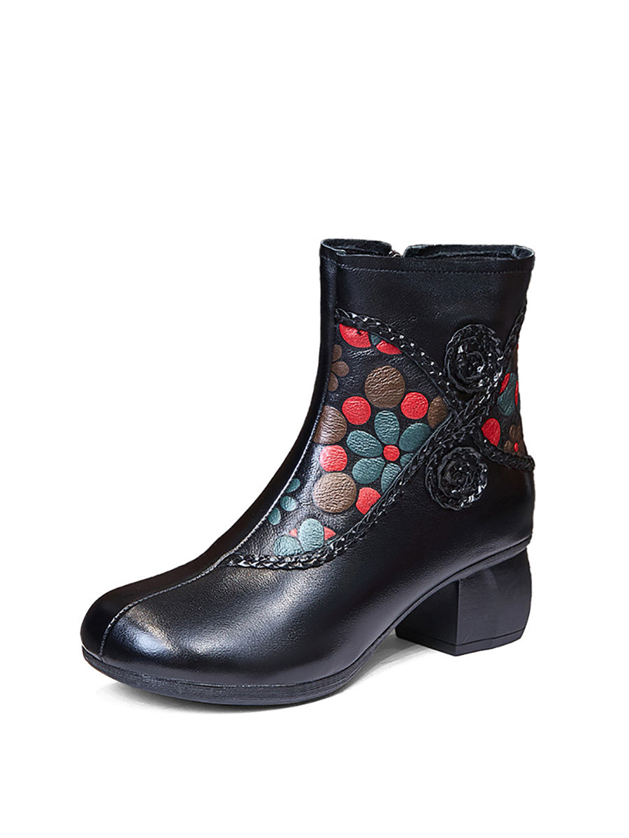 Women Ethnic Winter Flower Spliced Leather Mid-Heel Boots AI1013 MXXZ