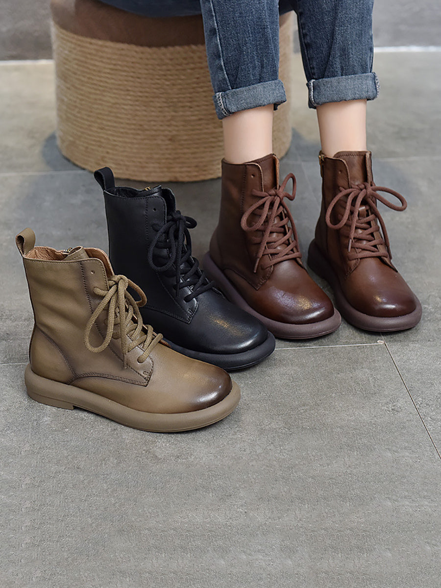 Women Genuine Leather Soft Zipper Mid Heel Martin Boots QU022 TZTJ