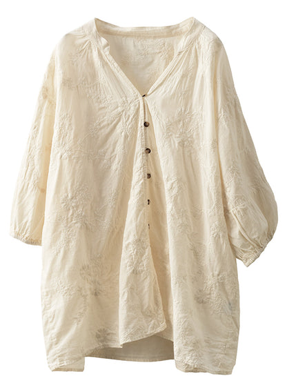 Women Summer Artsy Flower Jacquard Thin Button Cotton Shirt CX037 JLFZ