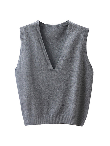 Women Casual Wool Solid V-Neck Knit Vest AK1045 Genistyle Shop