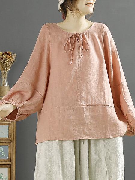 Plus Size Women Autumn O-Neck 100%Linen Loose Blouse AK1001 Genistyle Shop