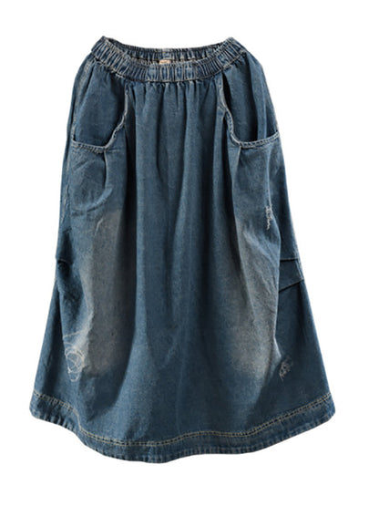 Women Retro Fade Pocket Elastic Waist Denim Skirt AI1012 ZMMM