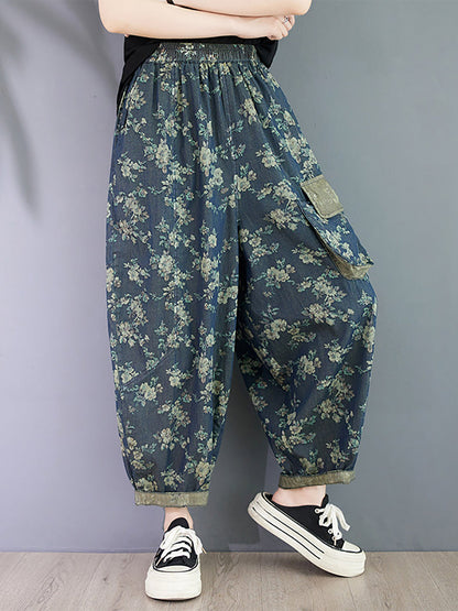 Women Summer Vintage Floral Spliced Harem Pants OO1023 BUYKUD