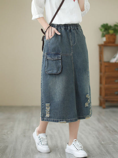 Women Summer Flower Embroidery Frayed Denim Skirt AS1041 Ada Fashion