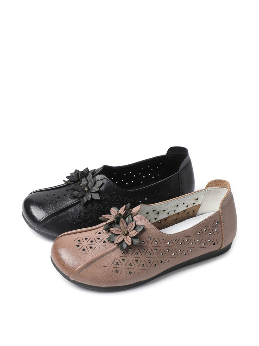 Women Vintage Leather Flower Cutout Flat Shoes KL1034 Ada Fashion