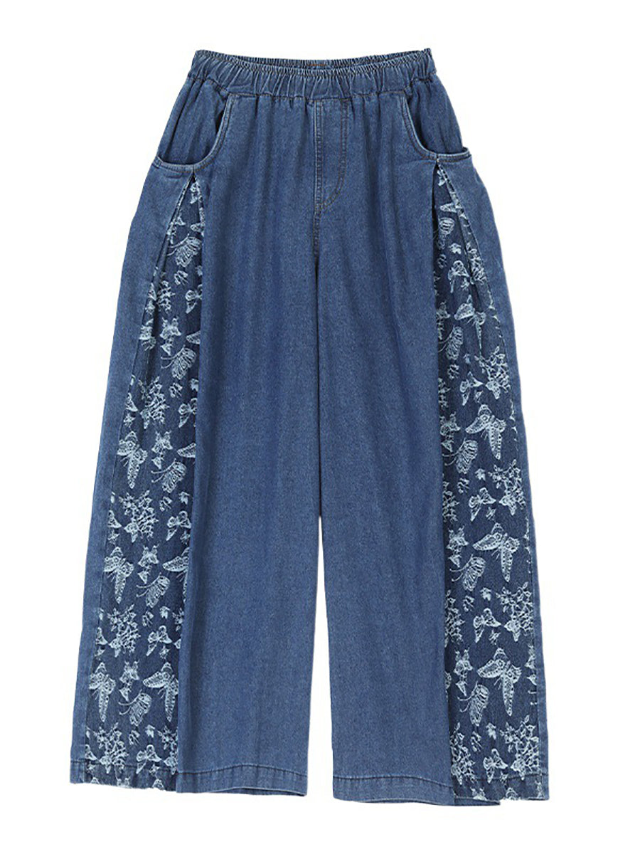 Women Vintage Summer Butterfly Spliced Wide-leg Denim Pants KL1037 Ada Fashion