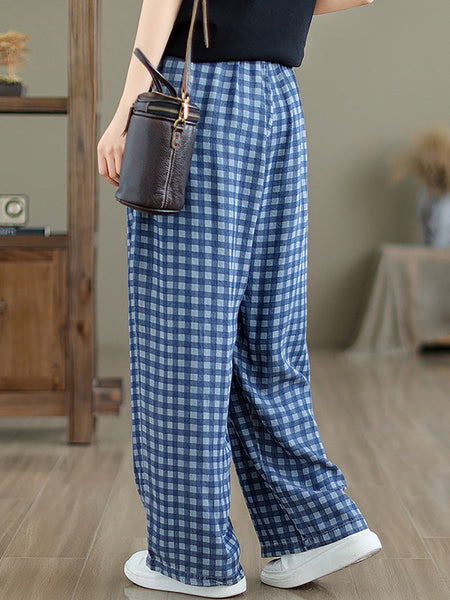 Women Summer Casual Plaid Wide-leg Cotton Pants OP1028 BUYKUD
