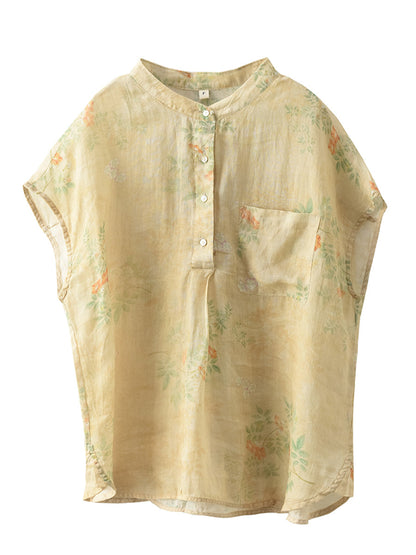 Women Summer Vintage Ramie Print Button-up Ramie Shirt OP1041 BUYKUD