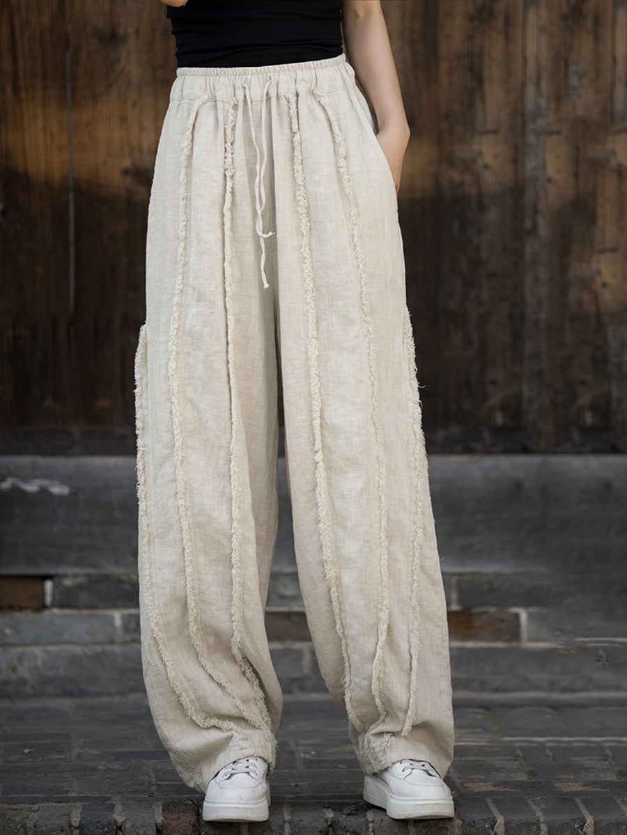 Women Ethnic Solid Raw-edge Wide-leg Ramie Pants FD053 BXF