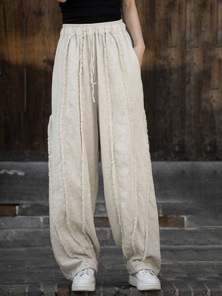 Women Ethnic Solid Raw-edge Wide-leg Ramie Pants FD053 BXF