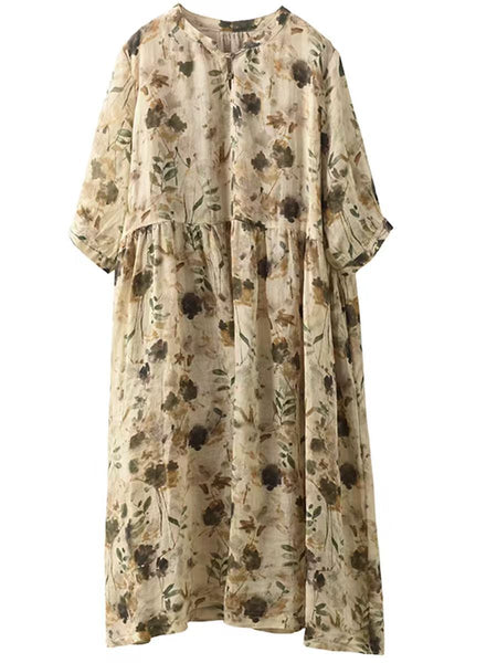 Women Summer Artsy Floral V-Neck Loose Ramie Dress LL020 ZMMM