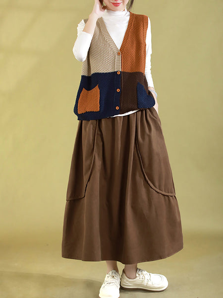 Women Autumn Colorblock Knitted V-Neck Vest CV1029 Ada Fashion