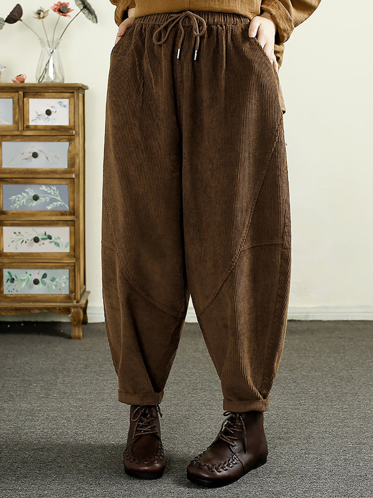 Women Autumn Solid Corduroy Spliced Cotton Harem Pants AI1047 BK