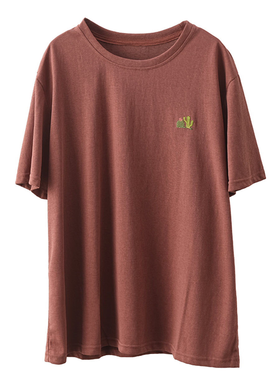 Women Summer Casual Solid Embroidery O-Neck Cotton Shirt CX060 JPFS