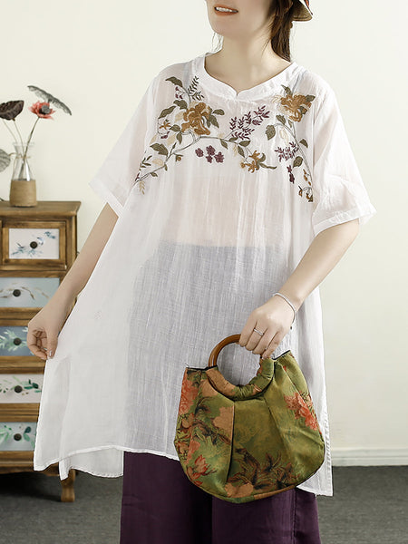 Women Summer Artsy Flower Embroidery Ramie Shirt TY1026 Ada Fashion