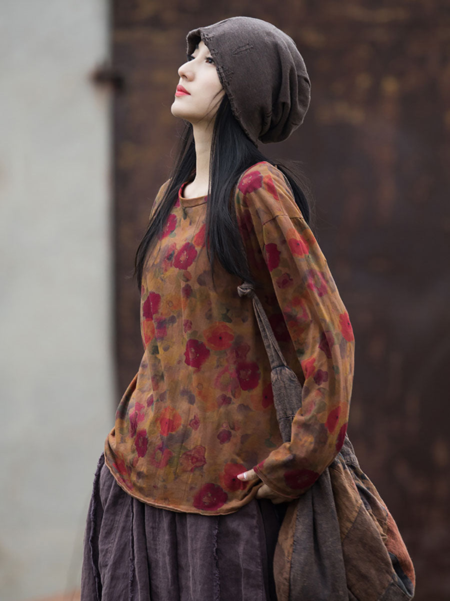 Women Vintage Autumn O-Neck Flower Cotton Blouse AT1008 BUYKUD