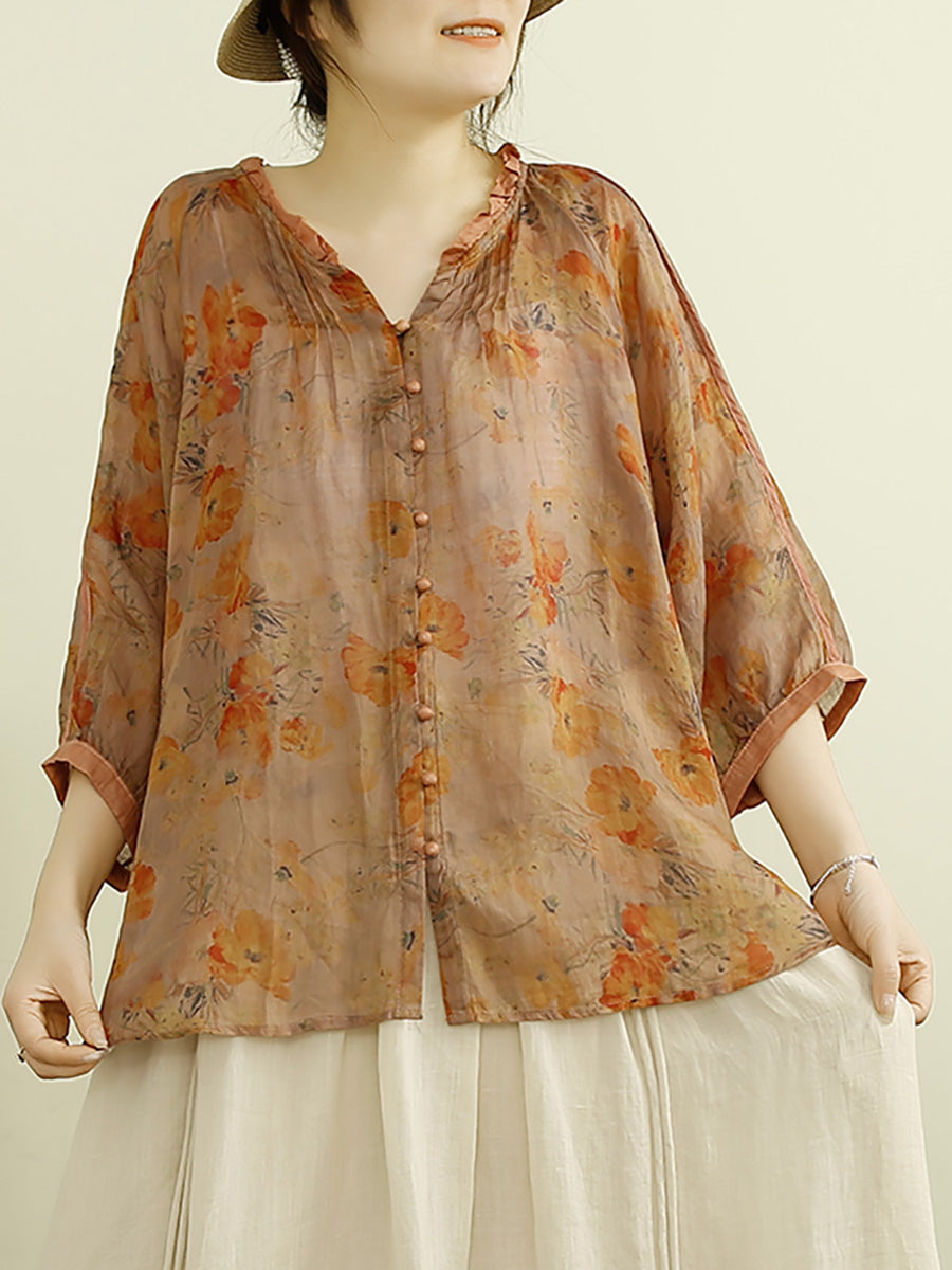 Women Summer Vintage Floral Button-up Ramie Shirt PP1012 LSFZ