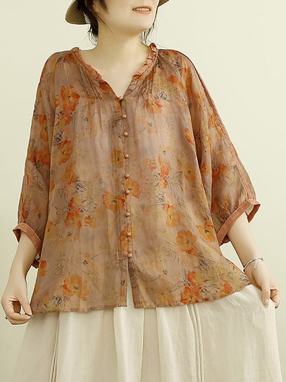 Women Summer Vintage Floral Button-up Ramie Shirt PP1012 LSFZ