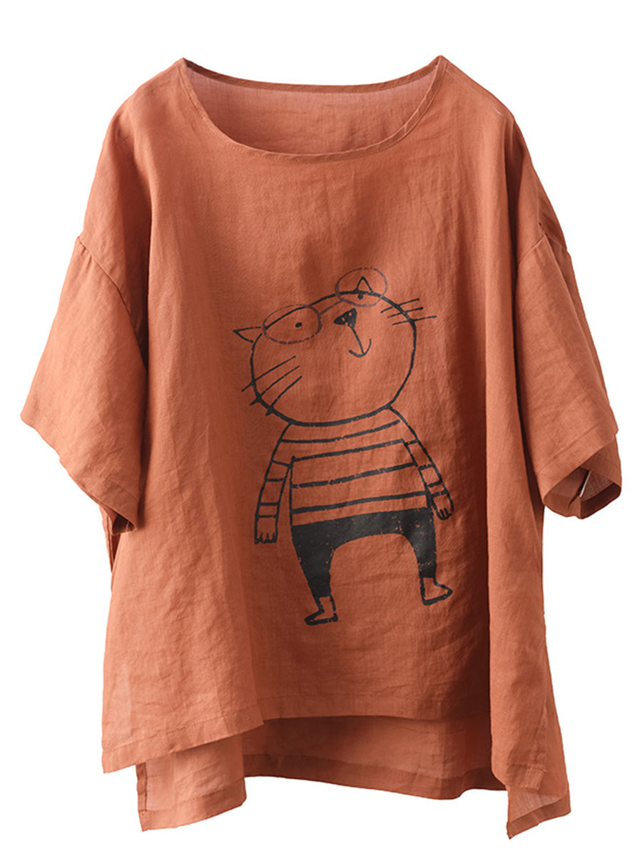 Women Summer Cartoon Cat Print Ramie Pullover Shirt OO1034 BUYKUD