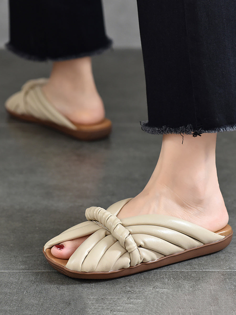 Women Summer Solid Leahter Weave Flat Slippers BN1013 Ada Fashion