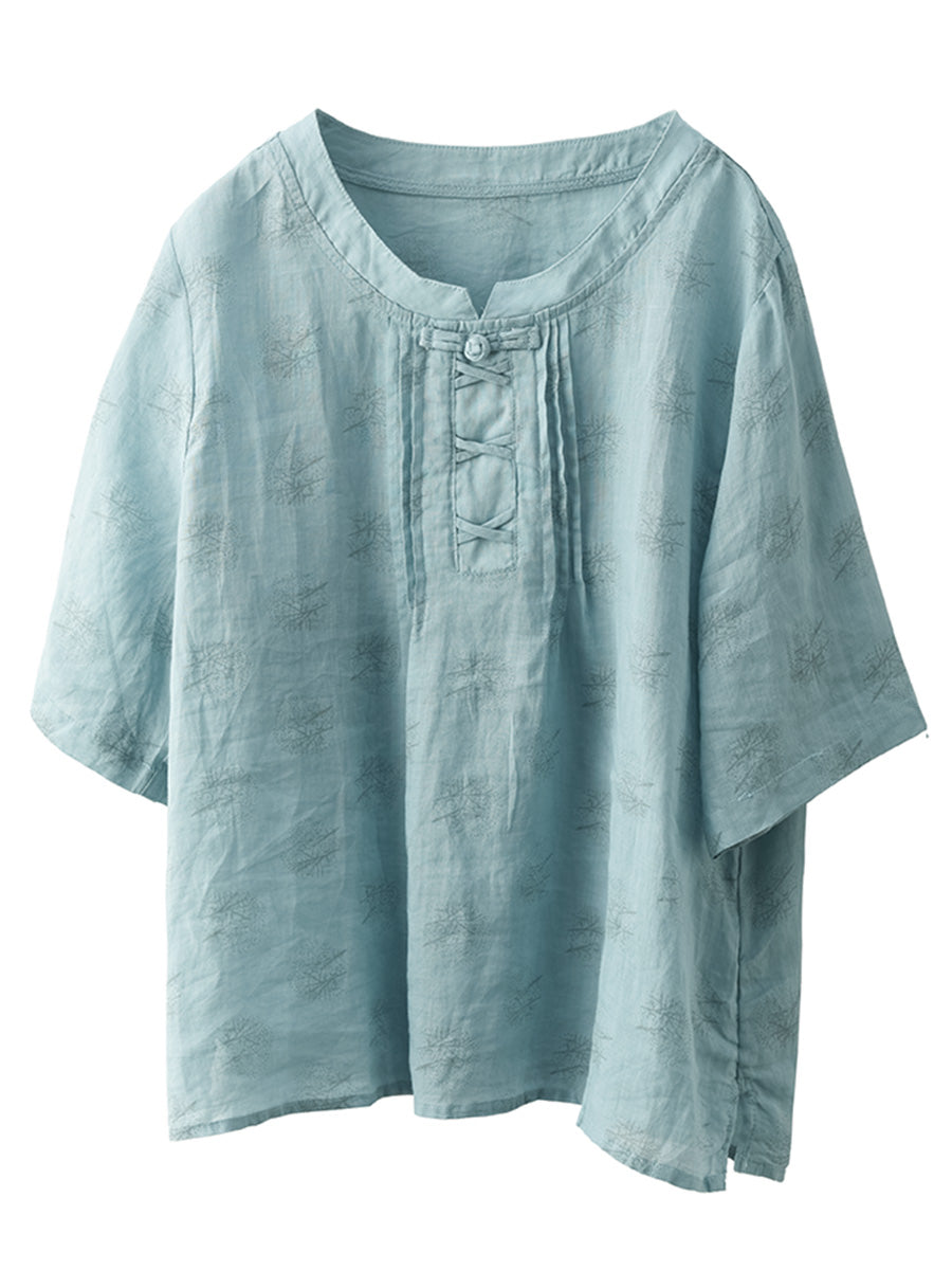 Women Summer Artsy Flower Stand Collar Ramie Shirt LL040 BUYKUD