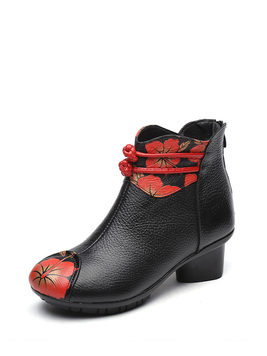 Women Retro Genuine Leather Flower Spliced Chunky Heel Boots AI1010 MXXZ