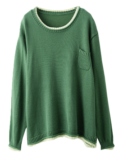 Women Autumn Casual Colorblock O-Neck Cotton Knit Blouse AI1068 BK