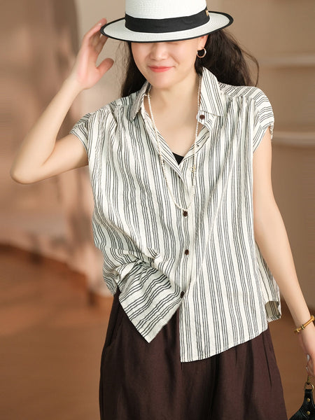 Women Summer Casual Stripe Button-up Cotton Shirt LL043 BUYKUD