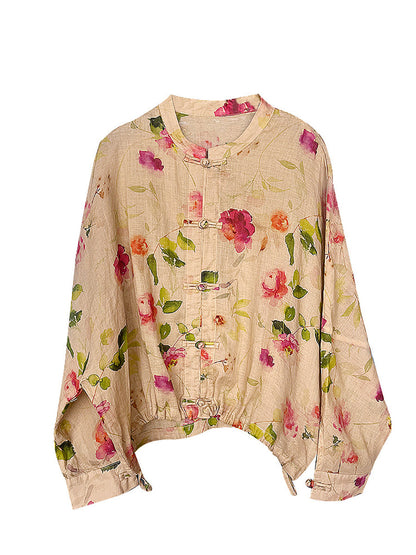 Women Vintage Flower Button-up Ramie Loose Shirt ZZ1035 Ada Fashion